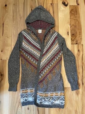 Hippie Rose Gray Hooded Fair Isle Cardigan with Burgundy & Mustard Accents